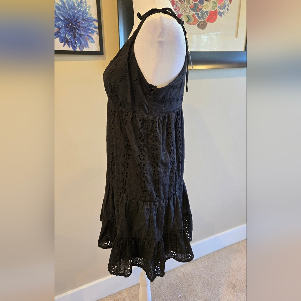 Lulu's S Black Spaghetti Strap V Neck Cotton Eyelet Sundress With Ruffle Hem - Picture 4 of 7